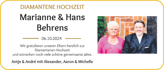 Hochzeitsanzeige von Marianne Behrens von Wuemme Zeitung