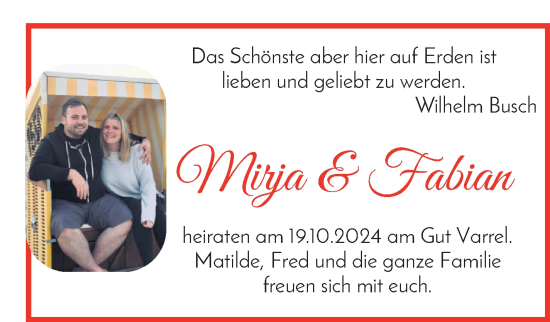 Hochzeitsanzeige von Mirja  von WESER-KURIER