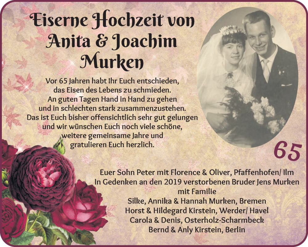 Hochzeitsanzeige von Anita Murken von WESER-KURIER