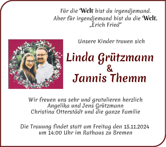 Hochzeitsanzeige von Linda Grützmann von WESER-KURIER