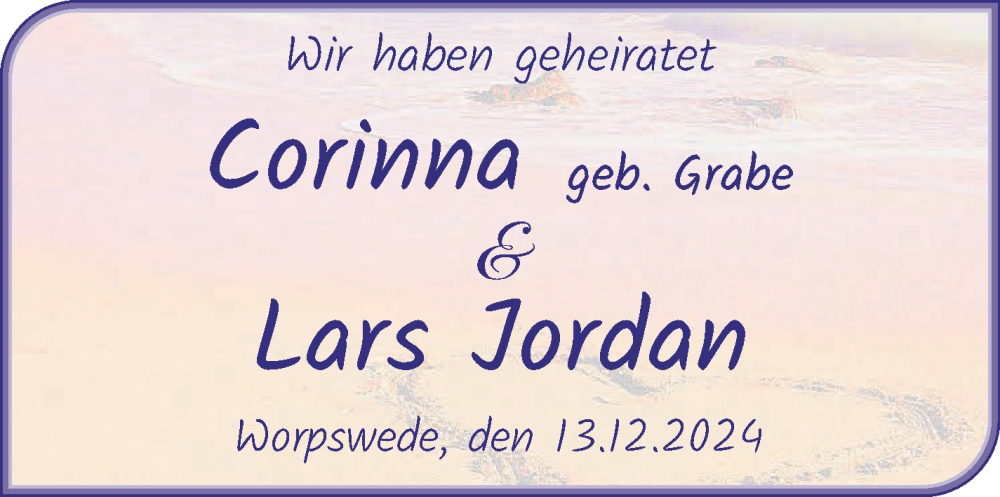 Hochzeitsanzeige von Corinna Jordan von WESER-KURIER