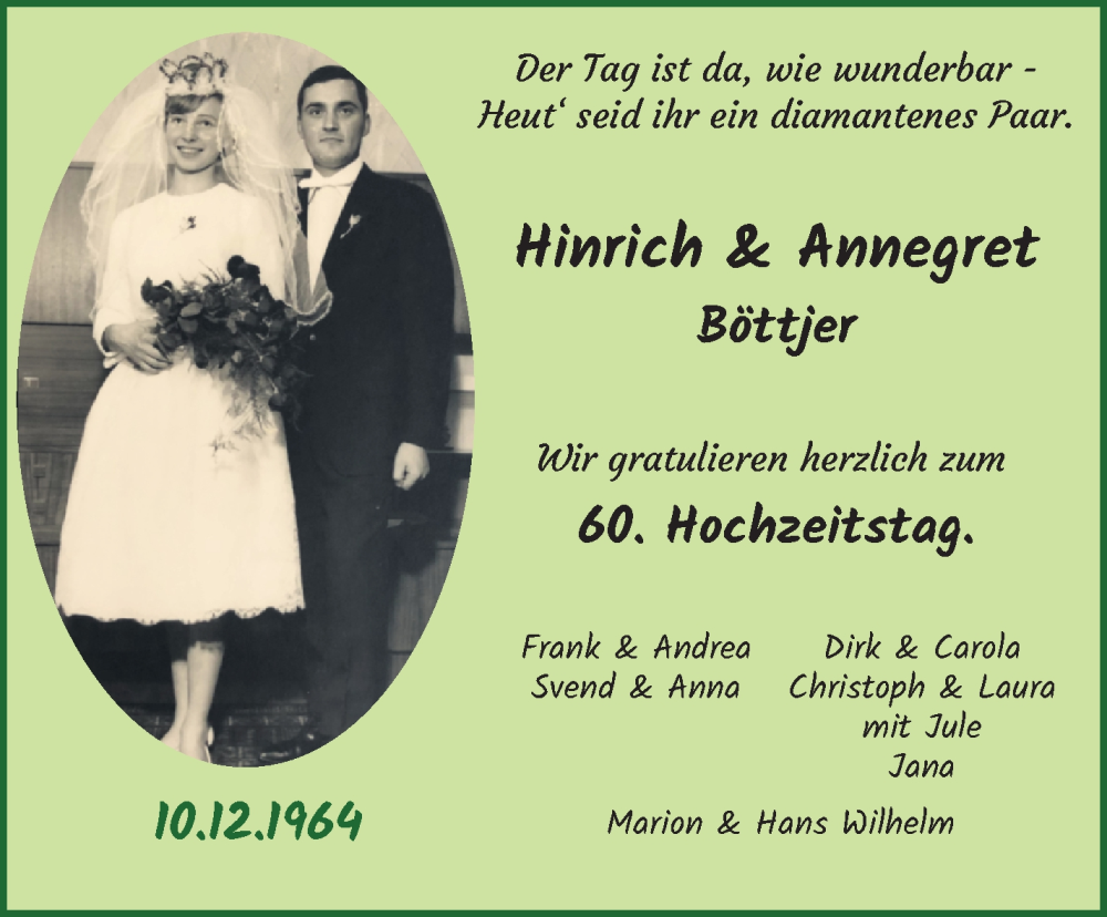 Hochzeitsanzeige von Hinrich Böttjer von Wuemme Zeitung