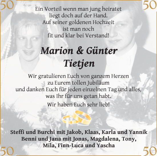 Hochzeitsanzeige von Marion Tietjen von Osterholzer Kreisblatt