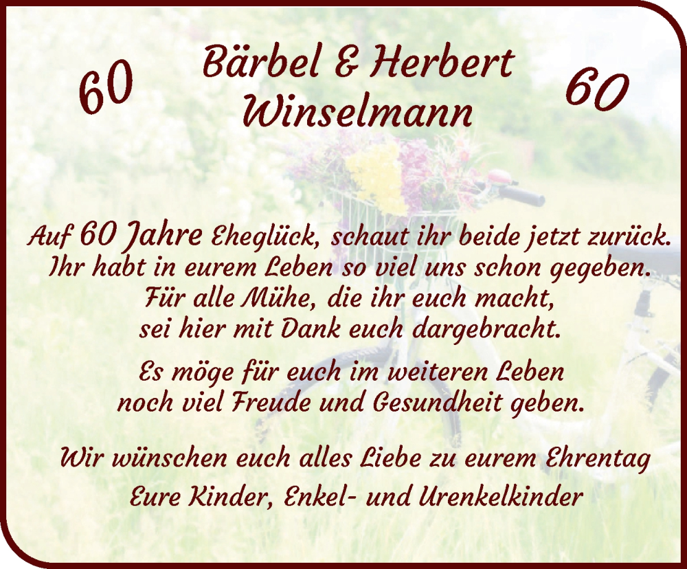 Hochzeitsanzeige von Bärbel  Herbert Winselmann von WESER-KURIER