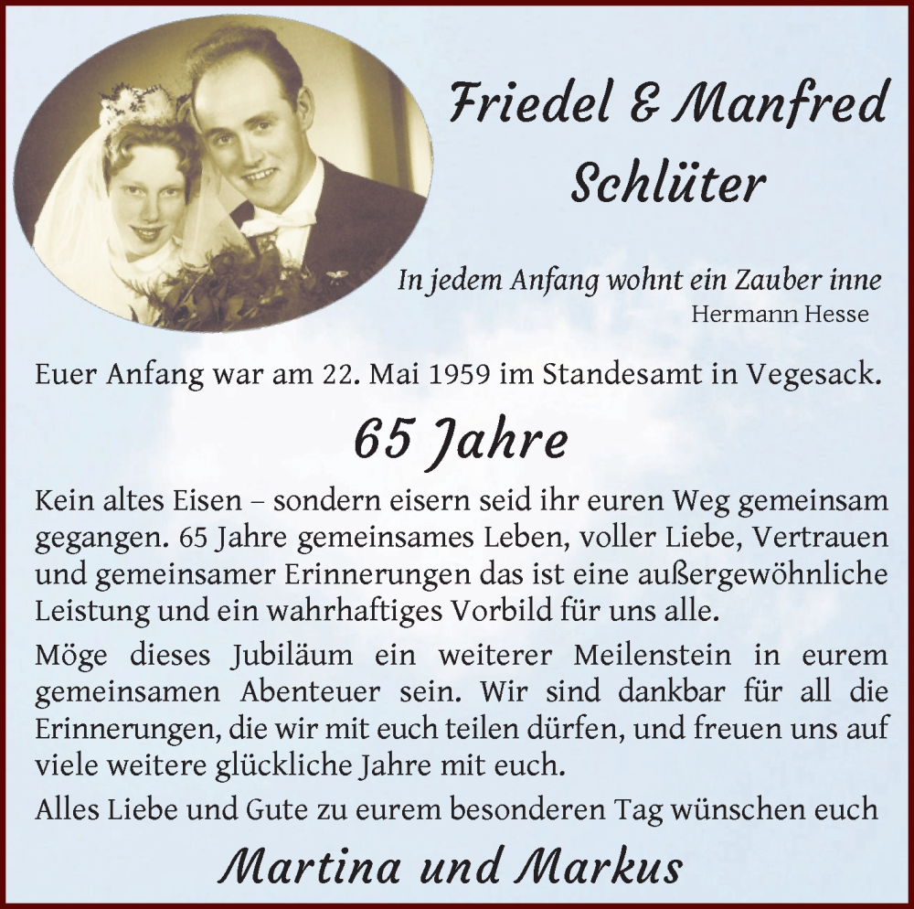 Hochzeitsanzeige von Friedel Schlüter von WESER-KURIER
