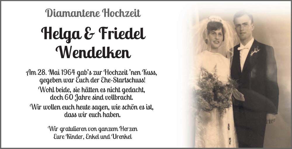 Hochzeitsanzeige von Friedel Wendelken von Wuemme Zeitung