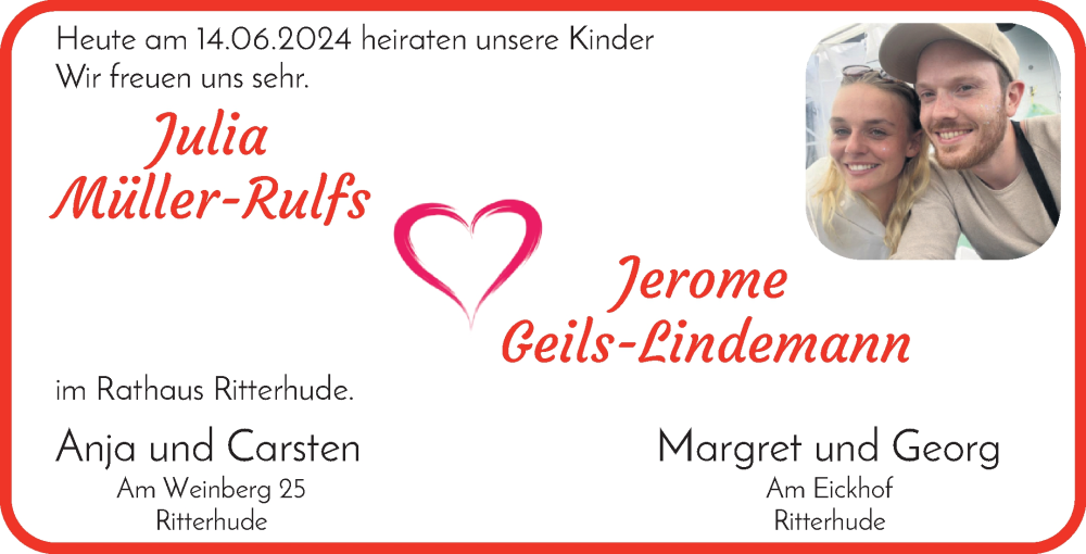 Hochzeitsanzeige von Julia Müller-Rulfs von Osterholzer Kreisblatt
