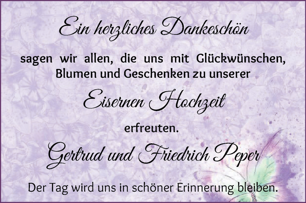 Hochzeitsanzeige von Gertrud Peper von Osterholzer Kreisblatt
