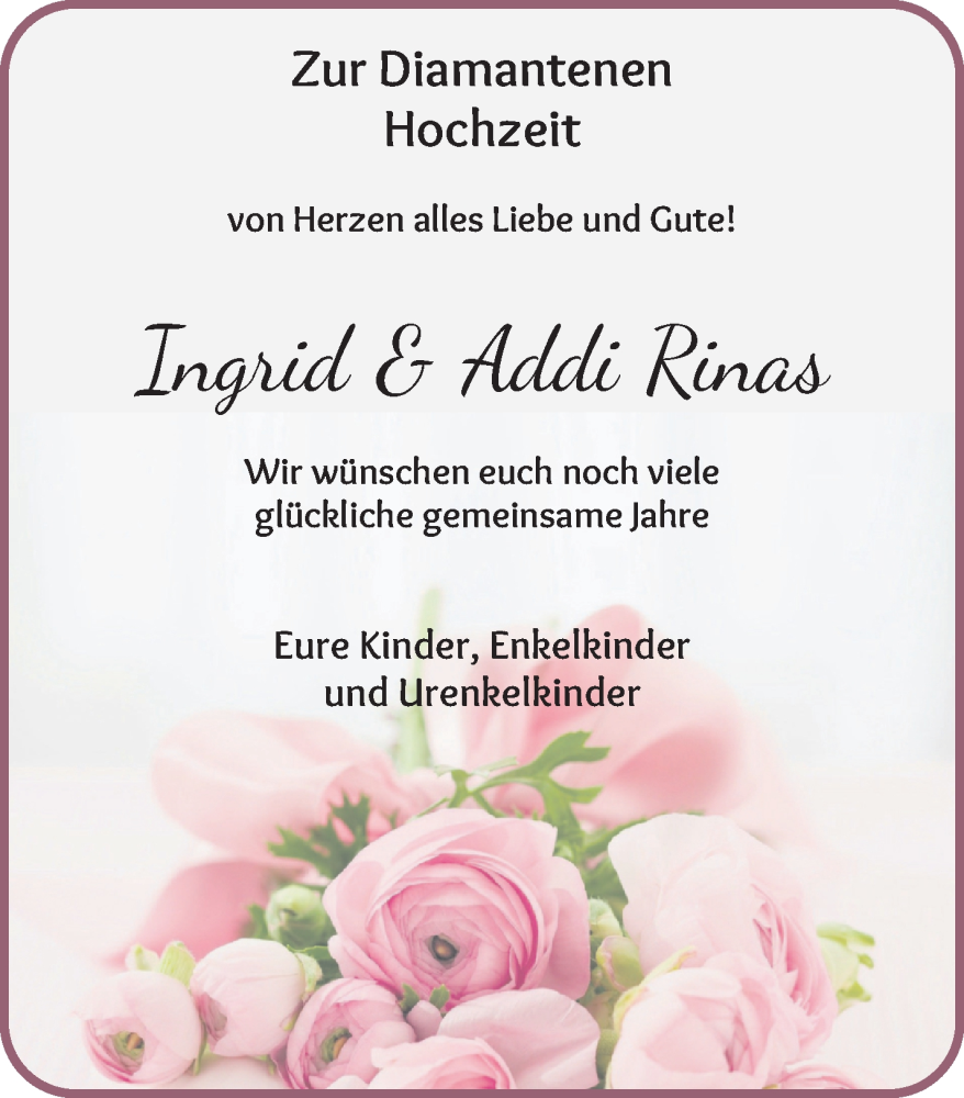 Hochzeitsanzeige von Ingrid Rinas von Wuemme Zeitung