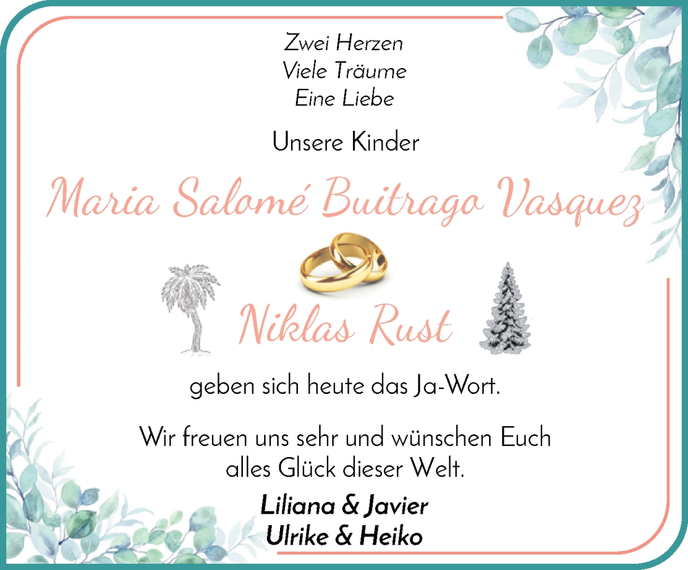 Hochzeitsanzeige von Maria Salome Buitrago Vasquez von Osterholzer Kreisblatt