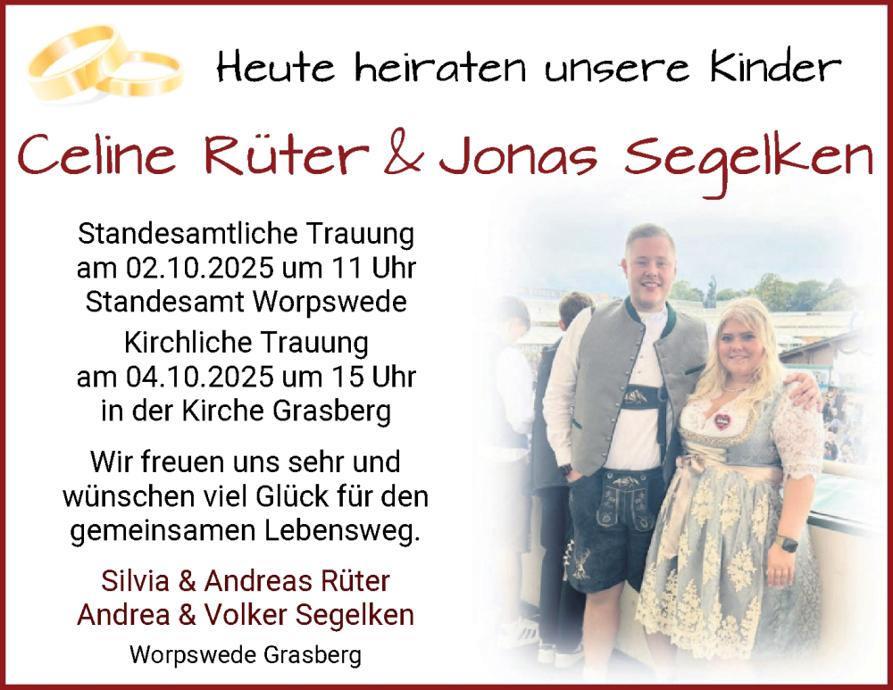 Hochzeitsanzeige von Celine Rüter von Wuemme Zeitung