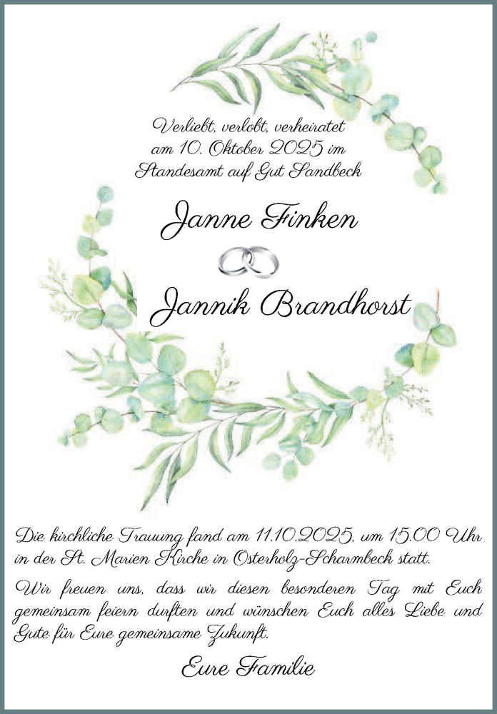 Hochzeitsanzeige von Janne Finken von Osterholzer Kreisblatt