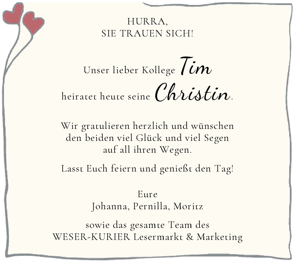 Hochzeitsanzeige von Tim Bühring von WESER-KURIER