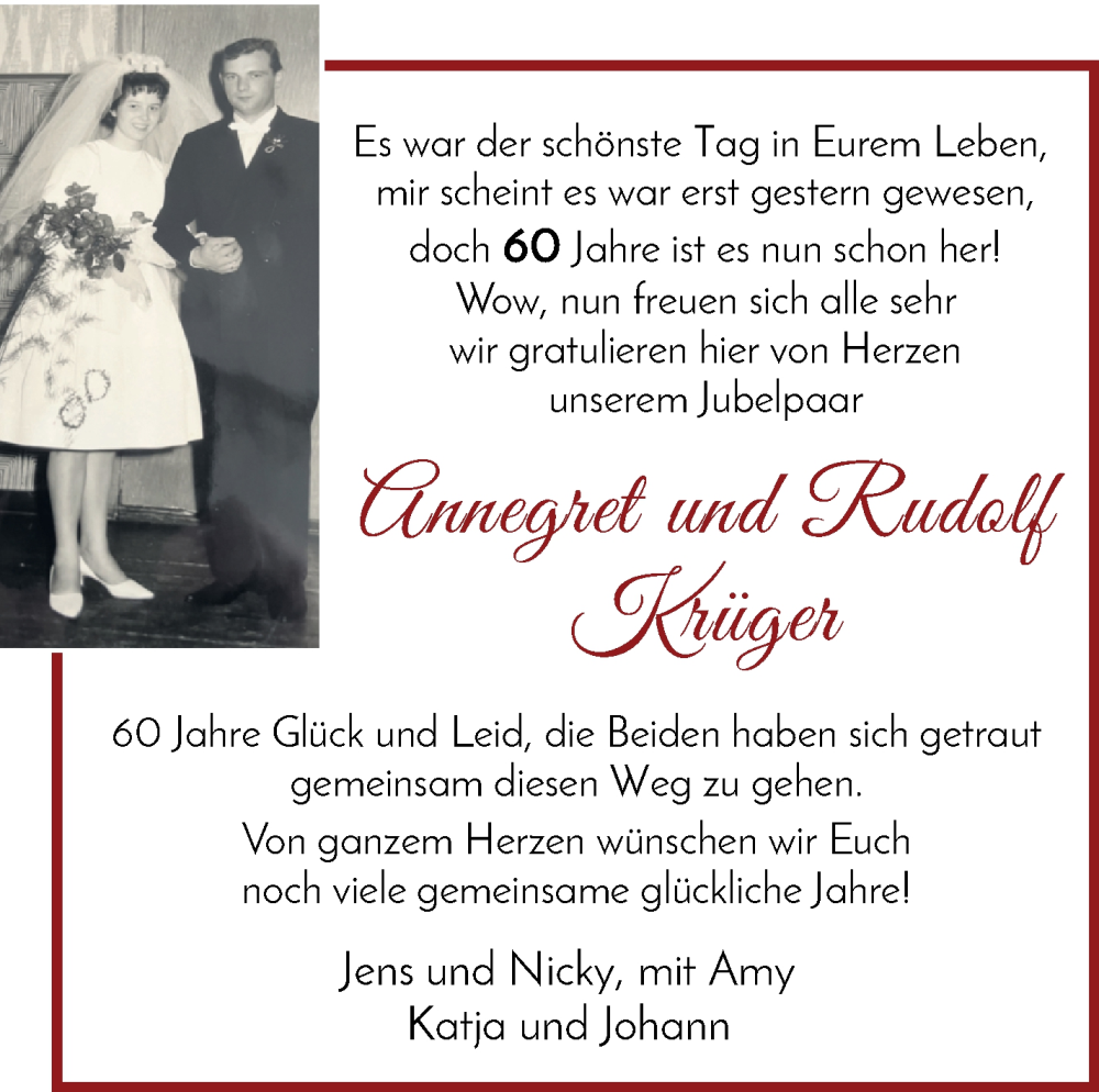 Hochzeitsanzeige von Annegret Krüger von Wuemme Zeitung