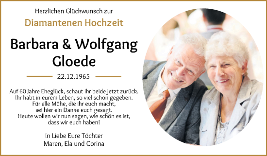 Hochzeitsanzeige von Barbara und Wolfgang Gloede von WESER-KURIER