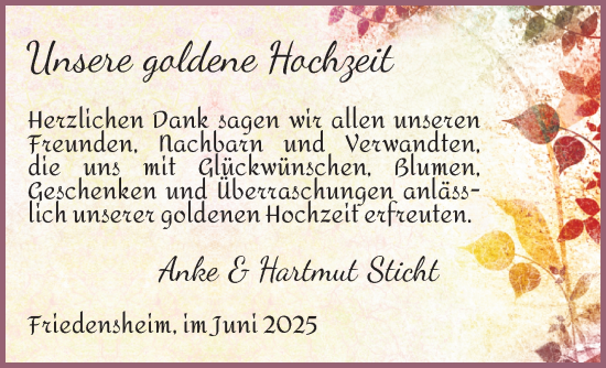 Hochzeitsanzeige von Anke und Hartmut Sticht von Osterholzer Kreisblatt