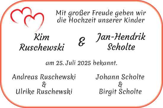 Hochzeitsanzeige von Kim Ruschewski von WESER-KURIER