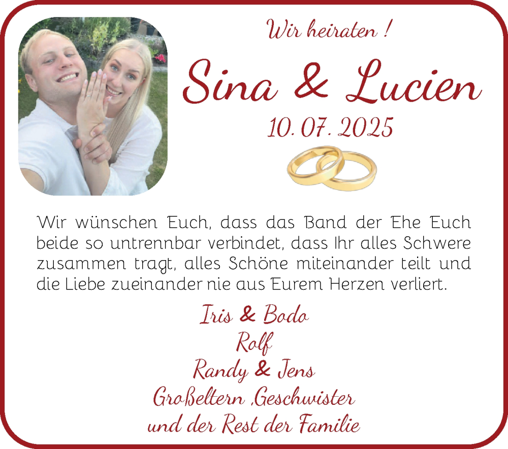 Hochzeitsanzeige von Sina  von Osterholzer Kreisblatt