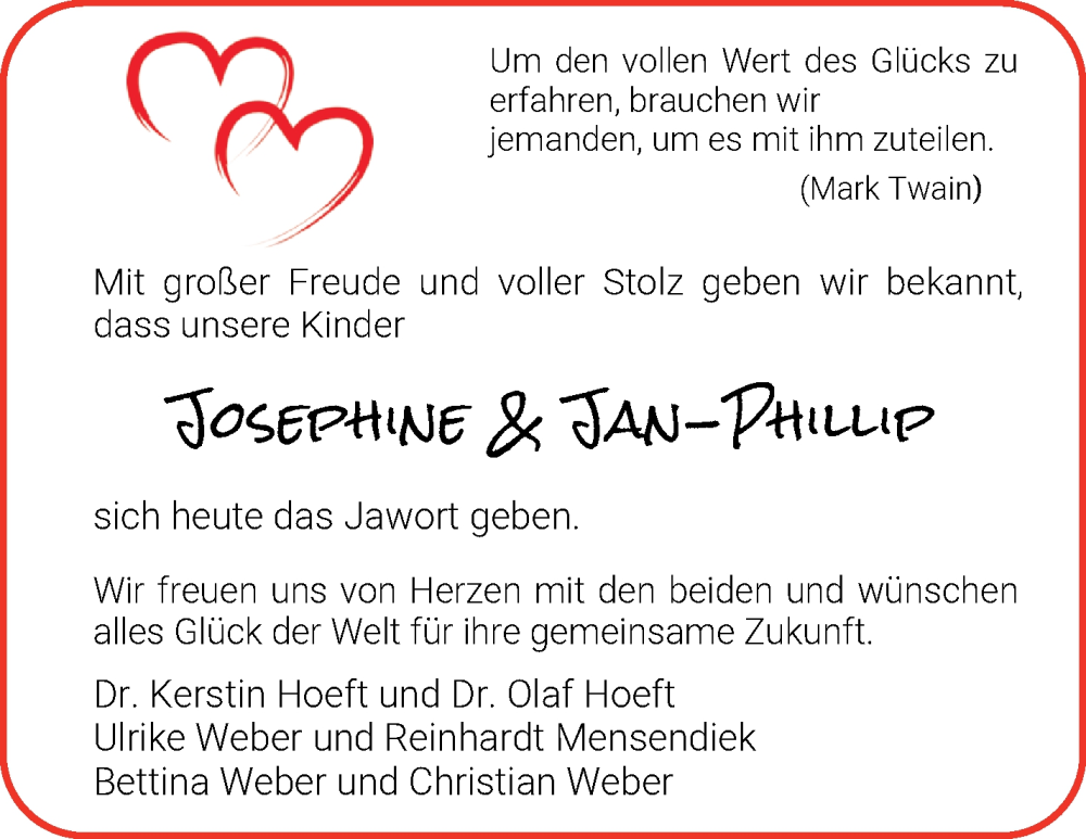 Hochzeitsanzeige von Josephine  von WESER-KURIER