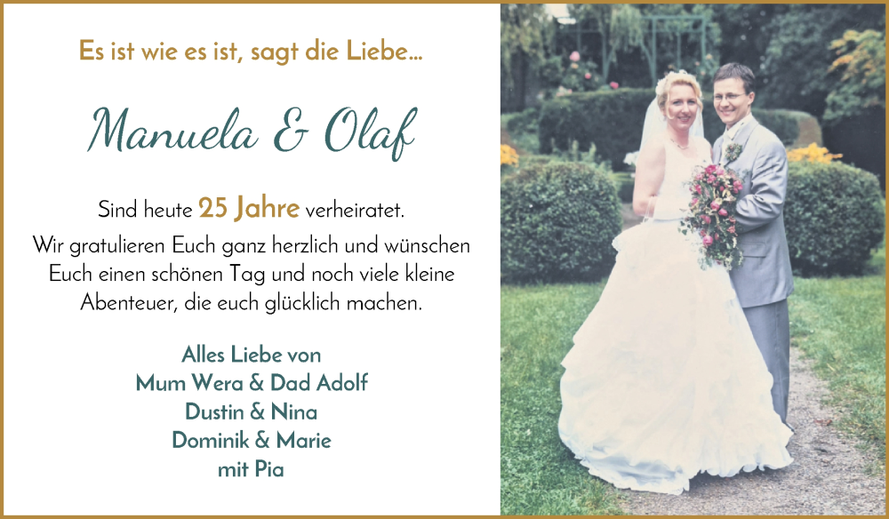 Hochzeitsanzeige von Manuela  von Wuemme Zeitung