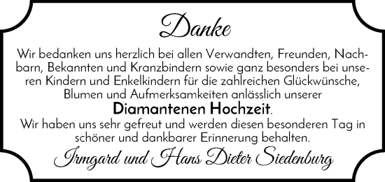 Hochzeitsanzeige von Irmgard Siedenburg von Wuemme Zeitung