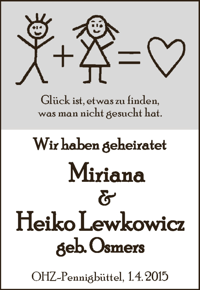Hochzeitsanzeige von Miriana Lewkowicz von WESER-KURIER