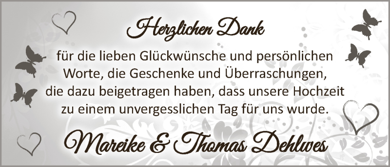 Hochzeitsanzeige von Mareike Dehlwes von Wuemme Zeitung