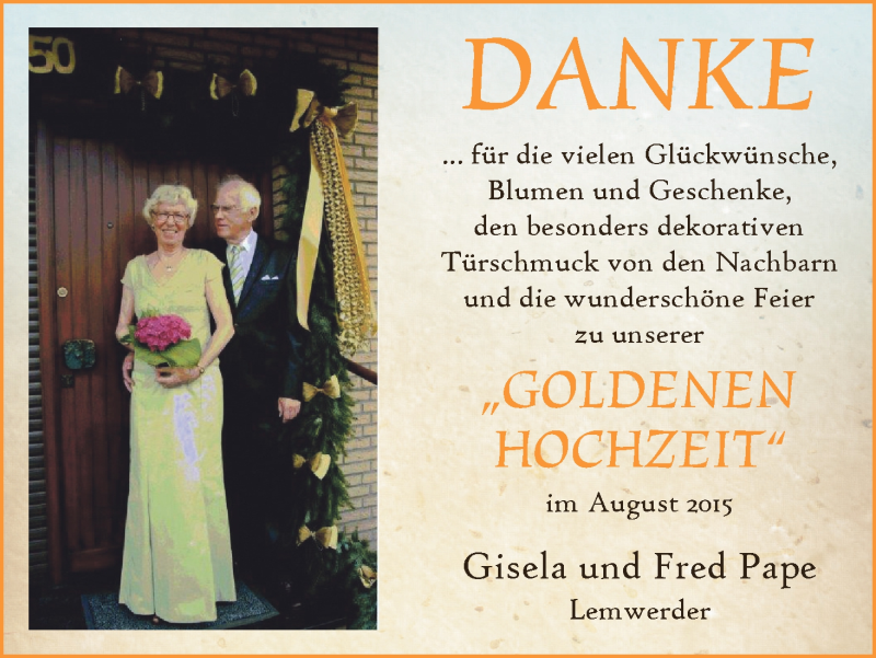 Hochzeitsanzeige von Gisela Pape von Die Norddeutsche