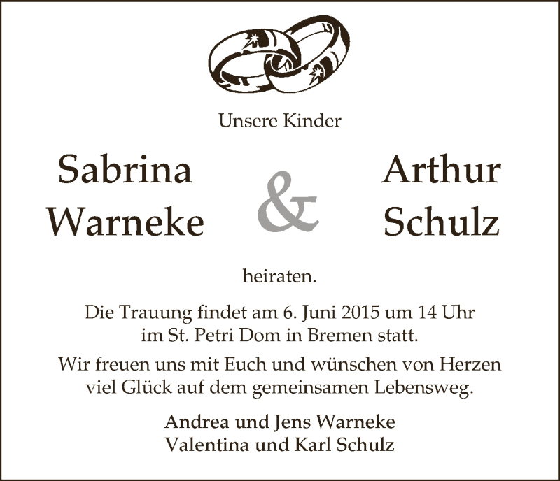 Hochzeitsanzeige von Sabrina Warneke von WESER-KURIER