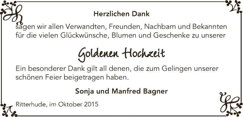 Hochzeitsanzeige von Sonja Bagner von Osterholzer Kreisblatt