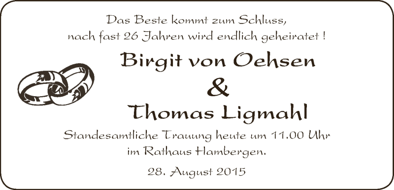 Hochzeitsanzeige von Birgit von Oehsen von Osterholzer Kreisblatt