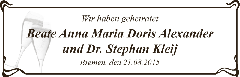 Hochzeitsanzeige von Beate Anna Maria Doris Alexander von WESER-KURIER