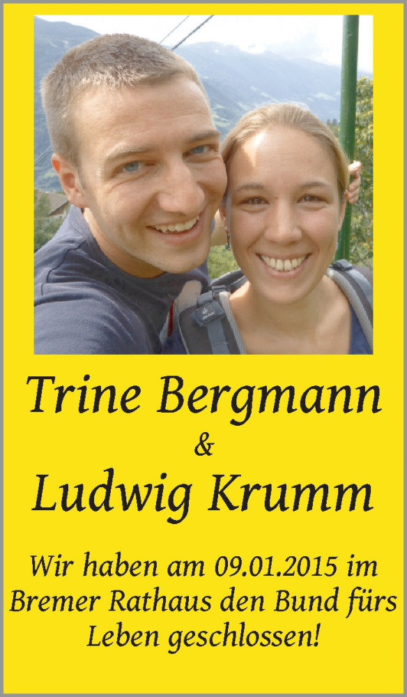 Hochzeitsanzeige von Trine Bergmann von WESER-KURIER