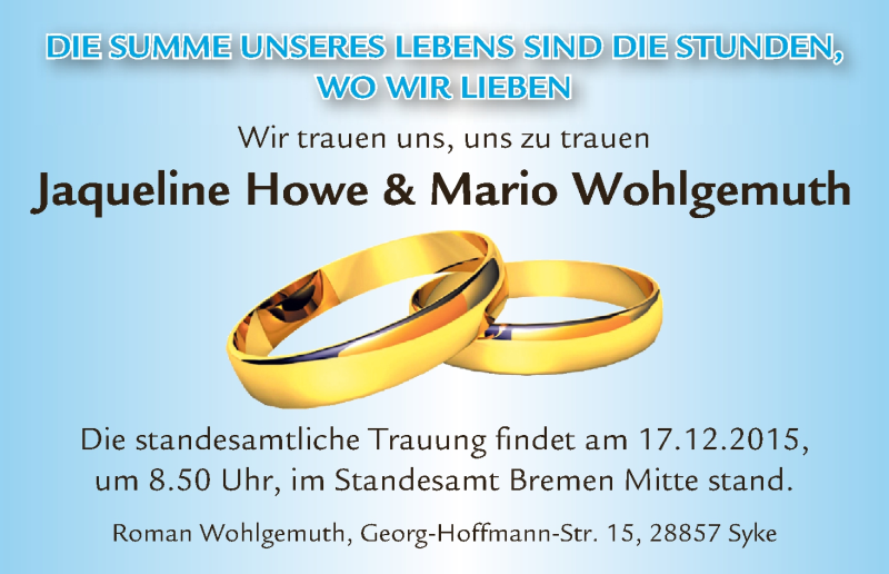 Hochzeitsanzeige von Jaqueline Howe von WESER-KURIER