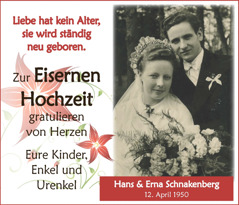 Hochzeitsanzeige von Erna Schnakenberg von WESER-KURIER