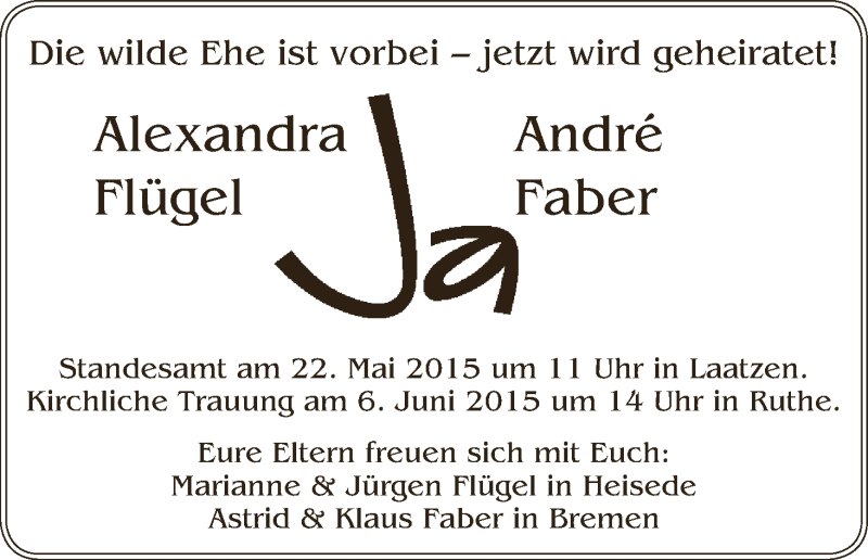 Hochzeitsanzeige von Alexandra Flügel von WESER-KURIER