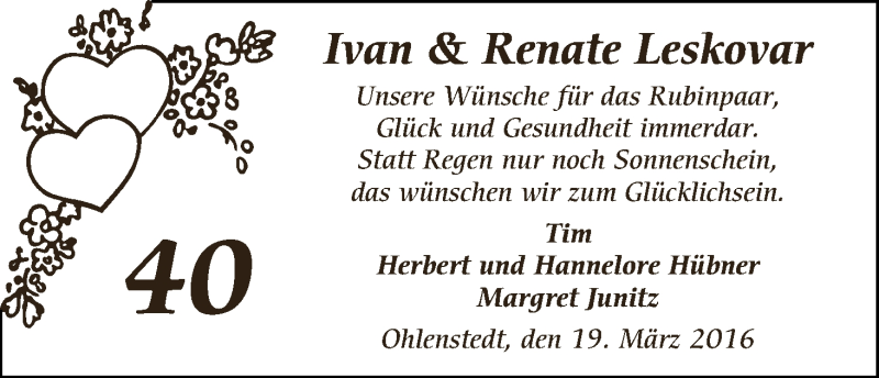 Hochzeitsanzeige von Renate Leskovar von Osterholzer Kreisblatt