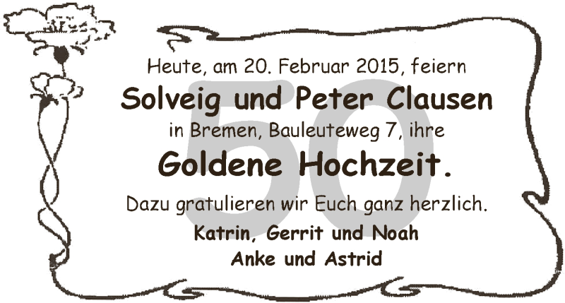 Hochzeitsanzeige von Solveig Clausen von WESER-KURIER