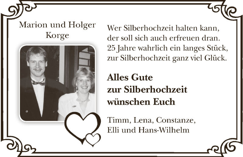 Hochzeitsanzeige von Marion Korge von Osterholzer Kreisblatt