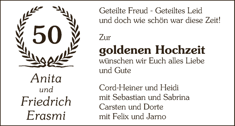 Hochzeitsanzeige von Anita Erasmi von WESER-KURIER