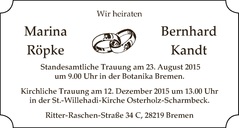 Hochzeitsanzeige von Marina Röpke von Osterholzer Kreisblatt