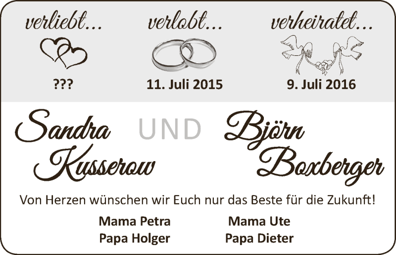 Hochzeitsanzeige von Sandra Kusserow von Wuemme Zeitung