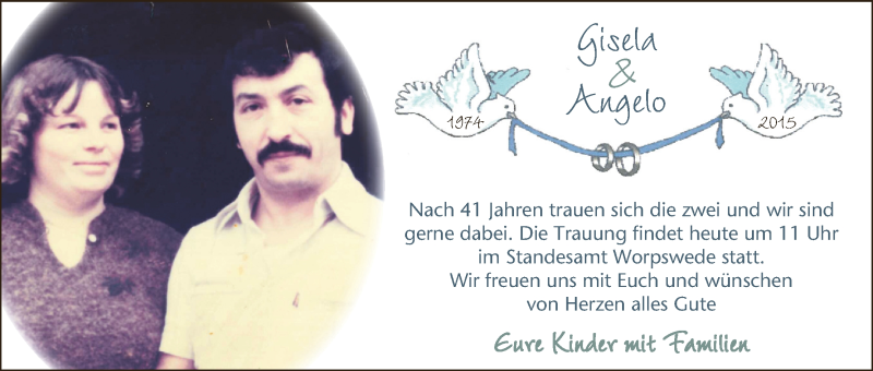 Hochzeitsanzeige von Gisela  von Wuemme Zeitung