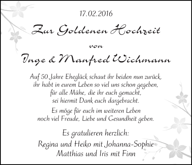Hochzeitsanzeige von Inge Wichmann von Achimer Kurier/Verdener Nachrichten