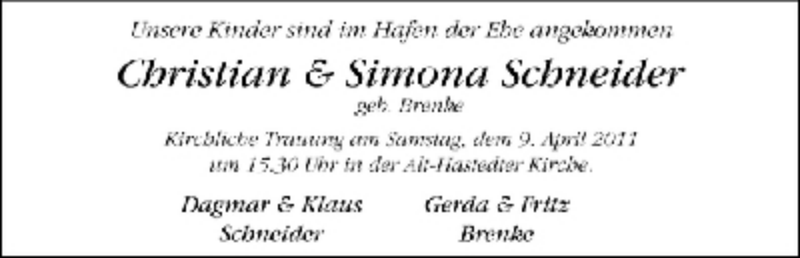 Hochzeitsanzeige von Christian Schneider von WESER-KURIER