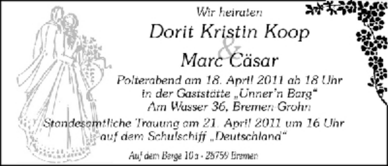 Hochzeitsanzeige von Dorit Kristin Koop von WESER-KURIER