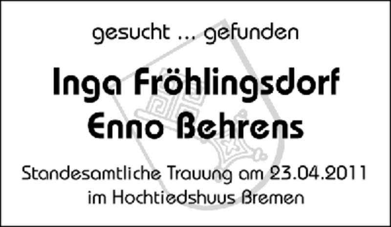 Hochzeitsanzeige von Inga Fröhlingsdorf von WESER-KURIER