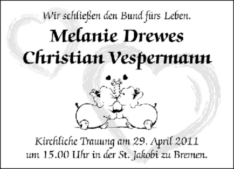 Hochzeitsanzeige von Melanie Drewes von WESER-KURIER