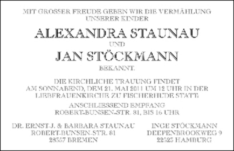 Hochzeitsanzeige von Alexandra Staunau von WESER-KURIER