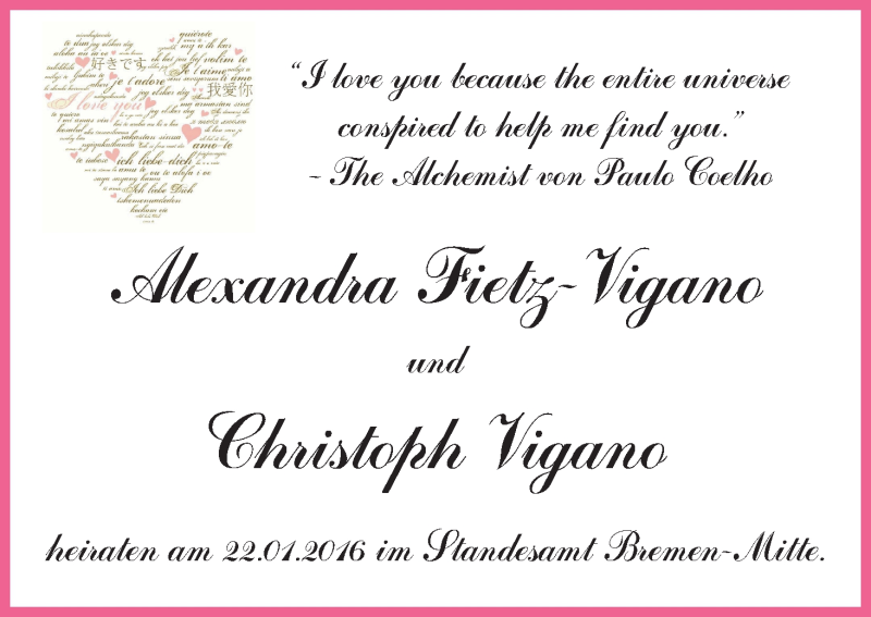 Hochzeitsanzeige von Alexandra Fietz-Vigano von WESER-KURIER